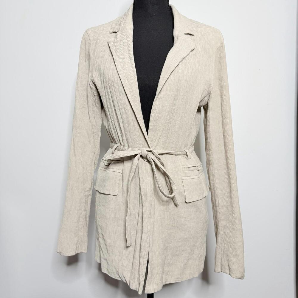 Bagatelle Collection Lightweight Tie Waist Blazer Jacket Beige Medium Textured